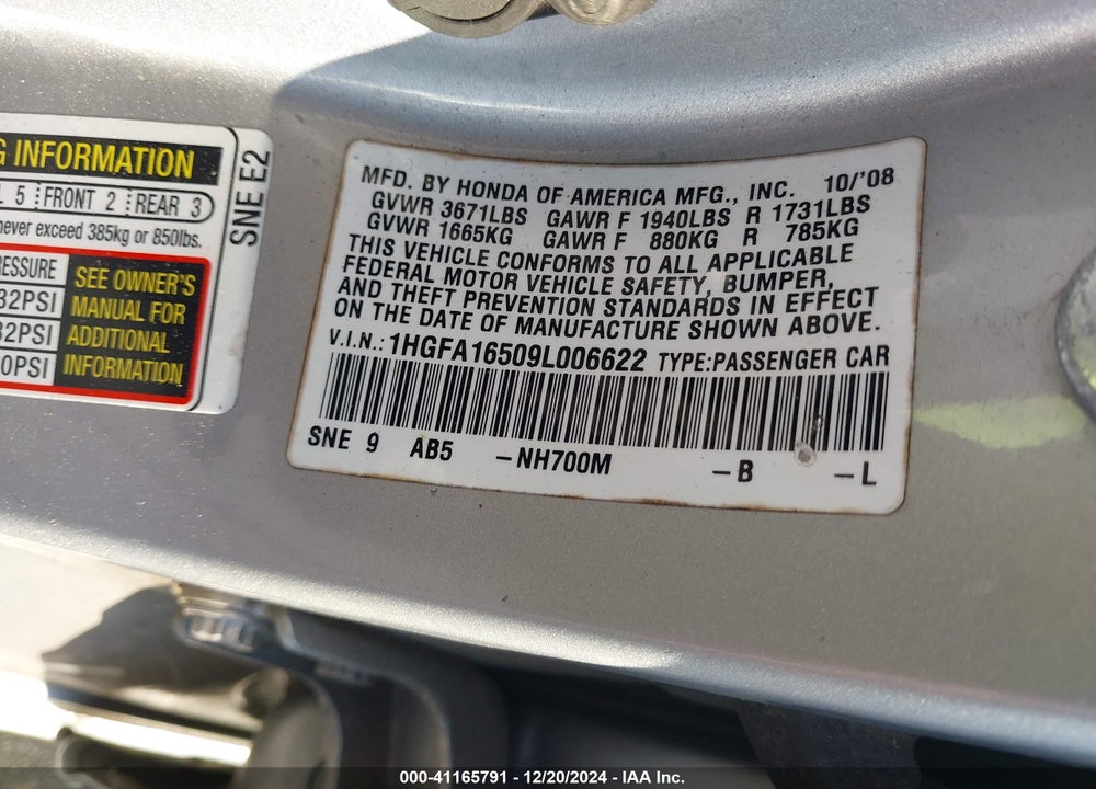 2009 HONDA CIVIC LX VIN: 1HGFA16509L006622