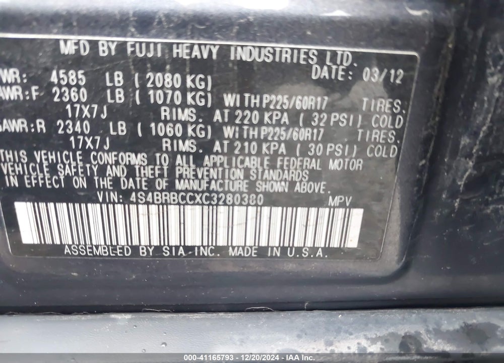2012 SUBARU OUTBACK 2.5I PREMIUM VIN: 4S4BRBCCXC3280380