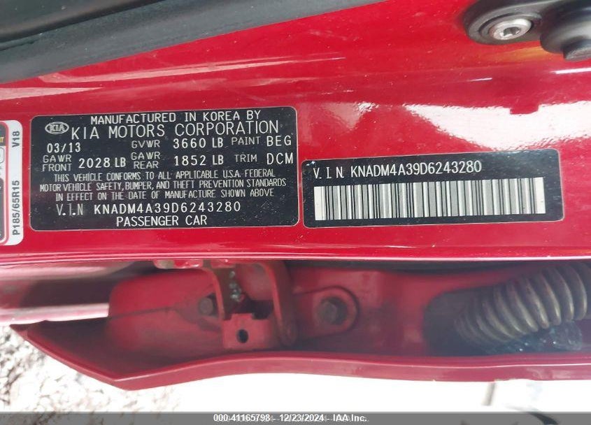 2013 KIA RIO VIN: KNADM4A39D6243280