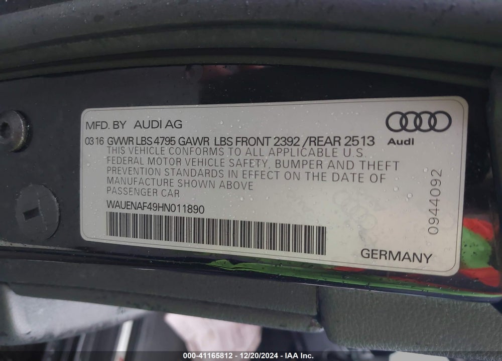 2017 AUDI A4 2.0T PREMIUM VIN: WAUENAF49HN011890