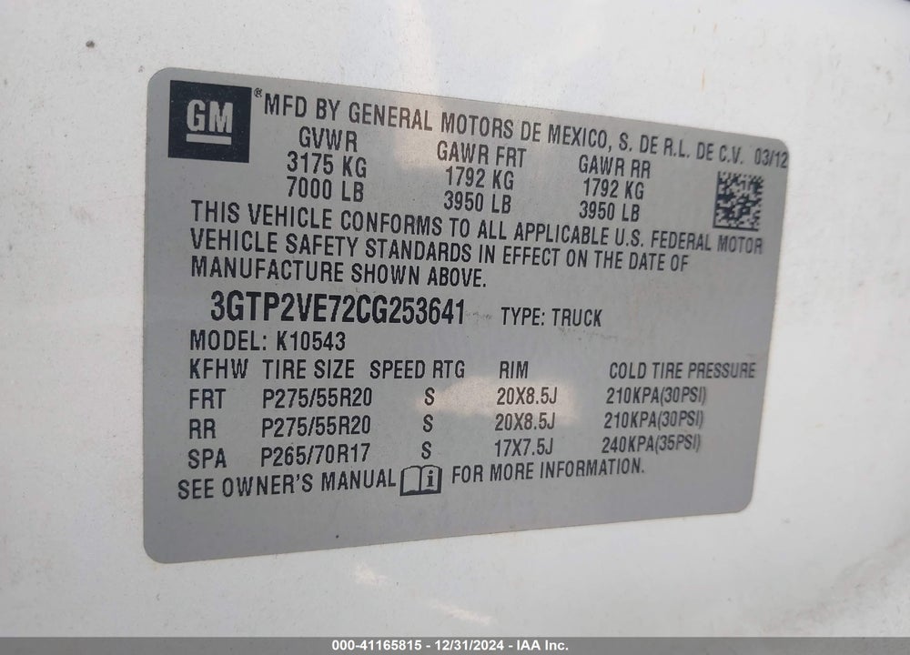 2012 GMC SIERRA 1500 SLE VIN: 3GTP2VE72CG253641