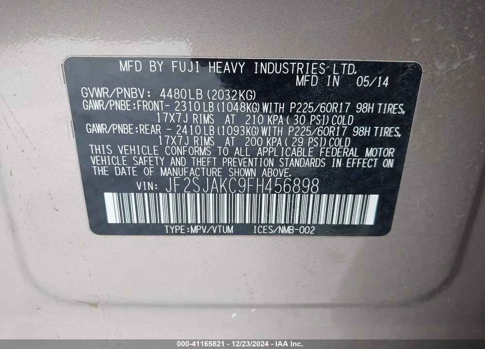 2015 SUBARU FORESTER 2.5I LIMITED VIN: JF2SJAKC9FH456898