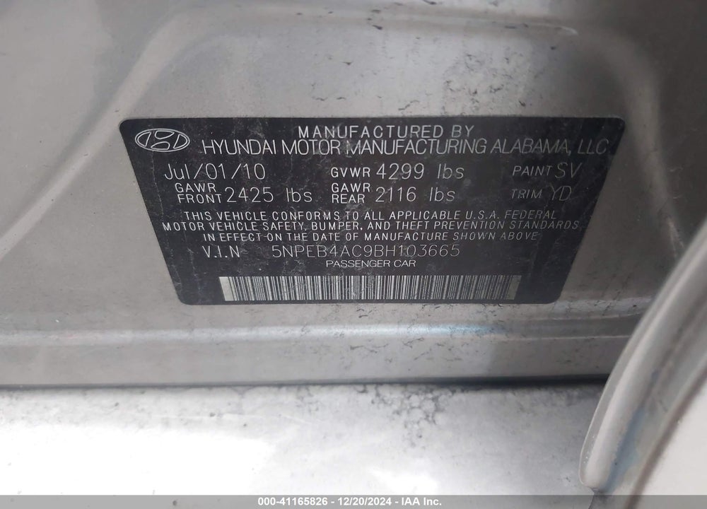 2011 HYUNDAI SONATA GLS VIN: 5NPEB4AC9BH103665