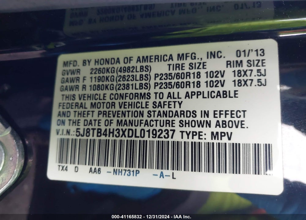 2013 ACURA RDX VIN: 5J8TB4H3XDL019237
