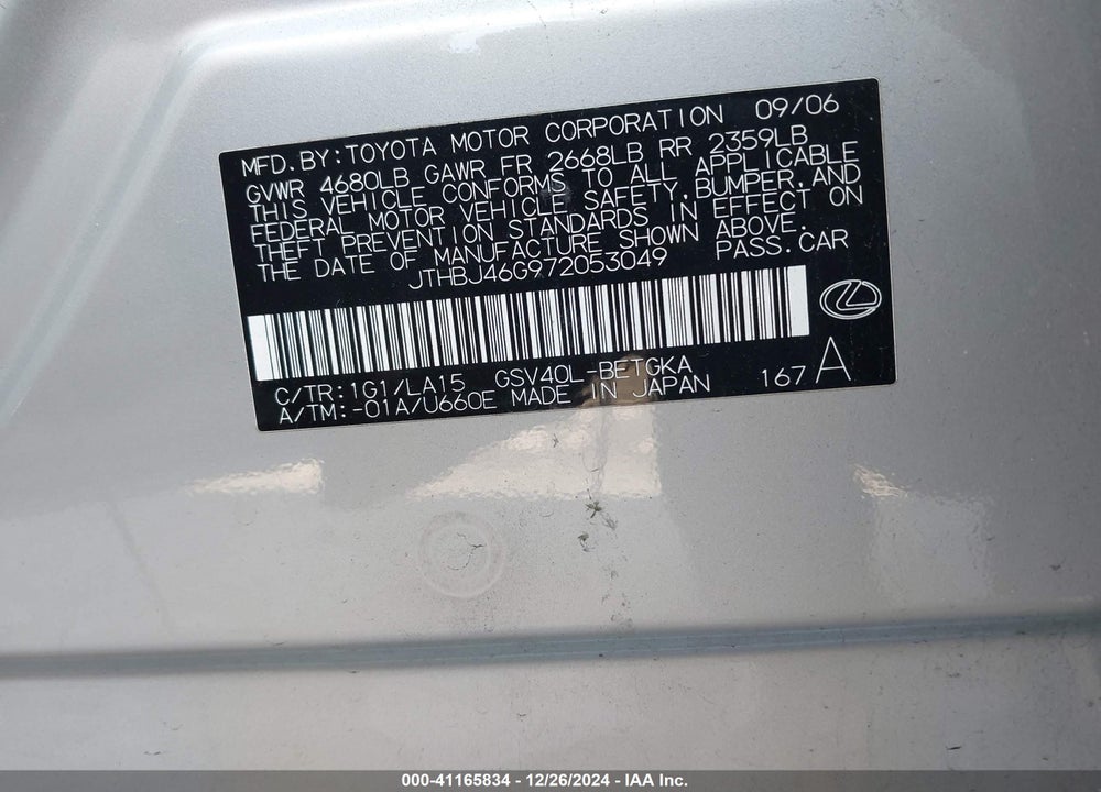2007 LEXUS ES VIN: JTHBJ46G972053049