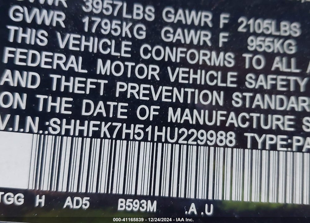 2017 HONDA CIVIC VIN: SHHFK7H51HU229988