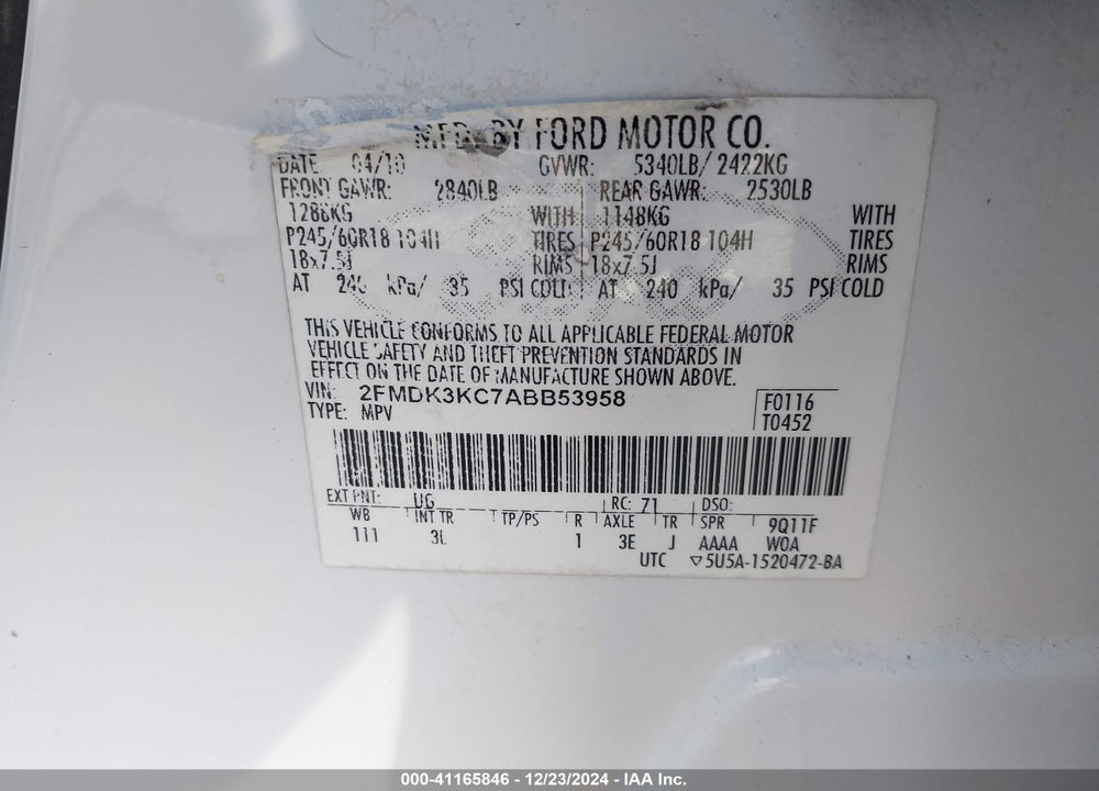 2010 FORD EDGE LIMITED VIN: 2FMDK3KC7ABB53958