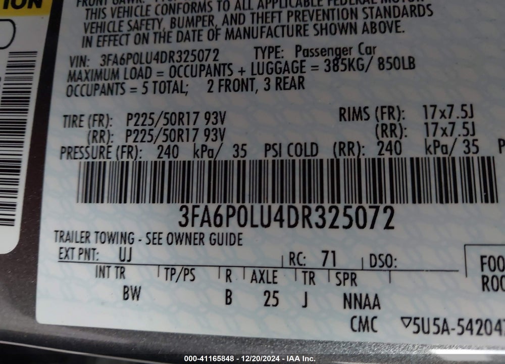 2013 FORD FUSION HYBRID SE VIN: 3FA6P0LU4DR325072