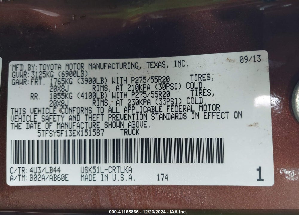 2014 TOYOTA TUNDRA VIN: 5TFSY5F13EX151587