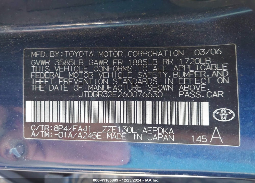 2006 TOYOTA COROLLA CE VIN: JTDBR32E260076630
