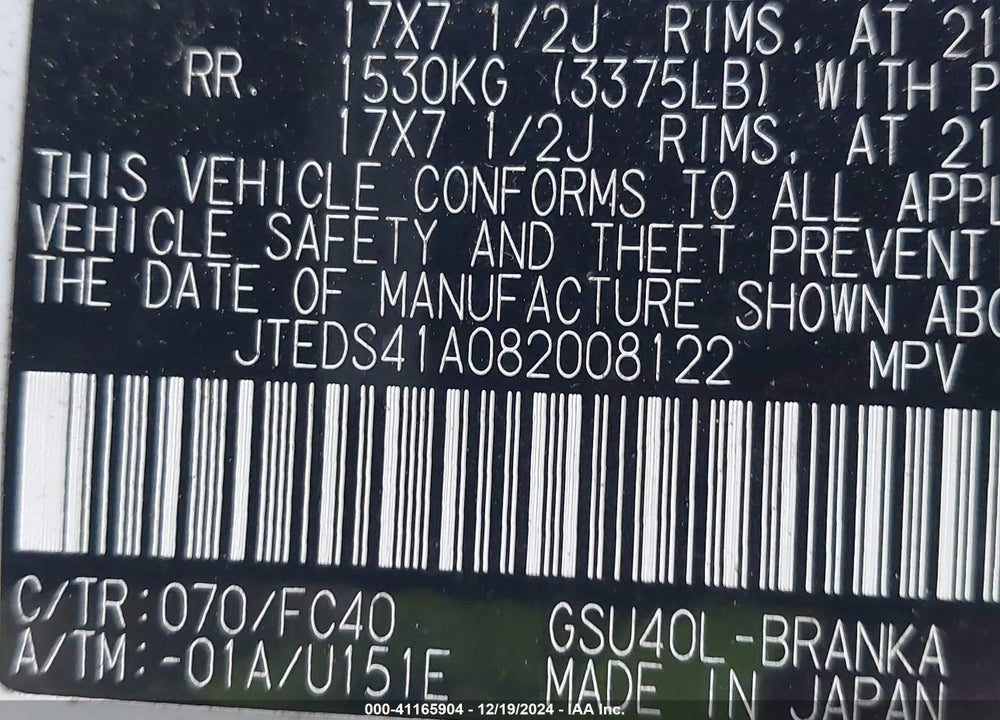 2008 TOYOTA HIGHLANDER VIN: JTEDS41A082008122