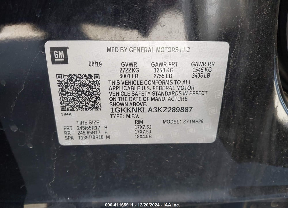 2019 GMC ACADIA SLE-1 VIN: 1GKKNKLA3KZ289887