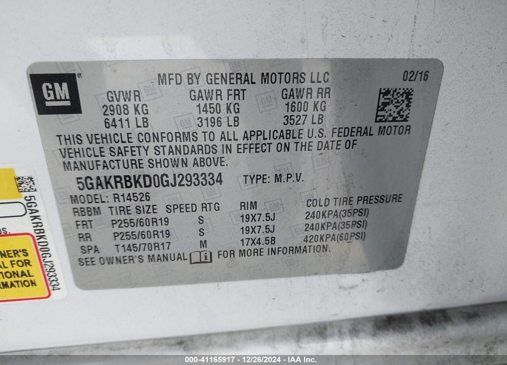 2016 BUICK ENCLAVE LEATHER VIN: 5GAKRBKD0GJ293334