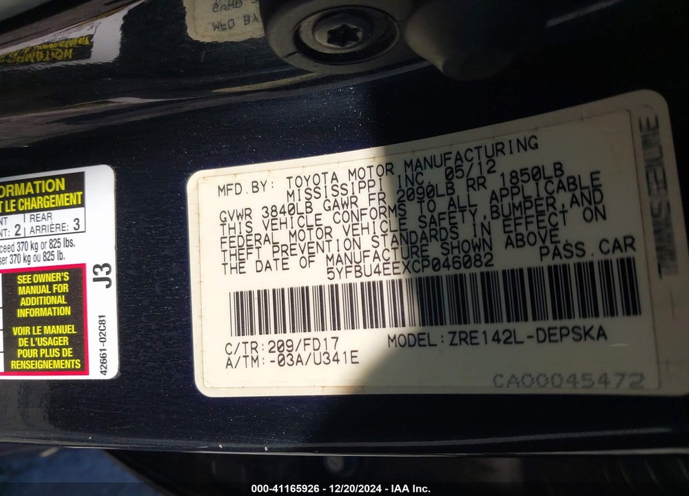 2012 TOYOTA COROLLA S VIN: 5YFBU4EEXCP046082