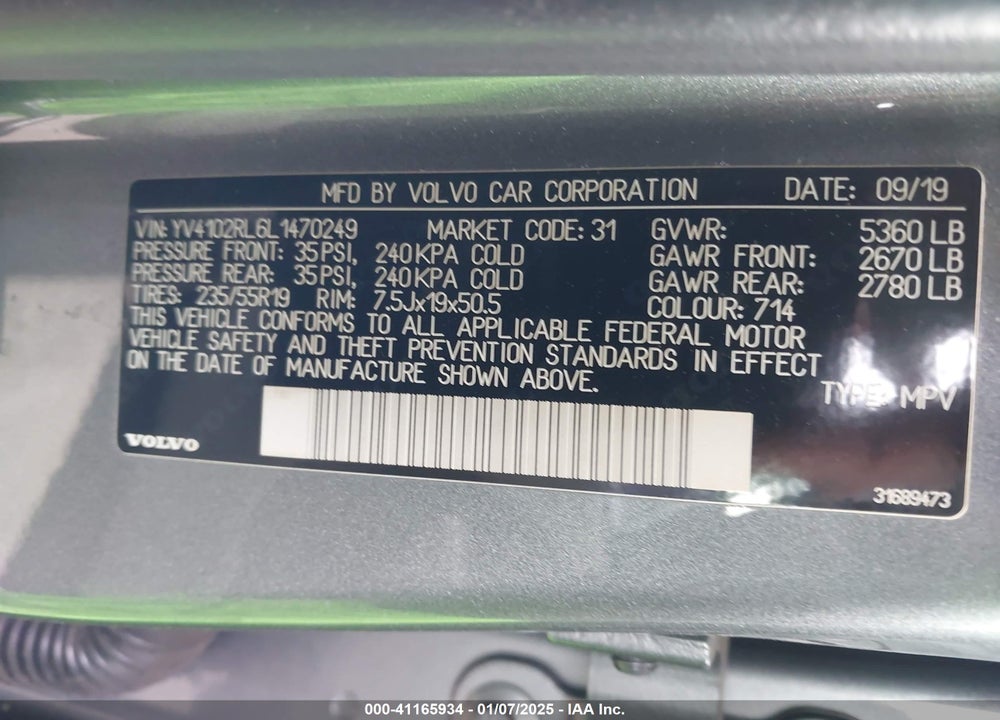 2020 VOLVO XC60 T5 INSCRIPTION VIN: YV4102RL6L1470249
