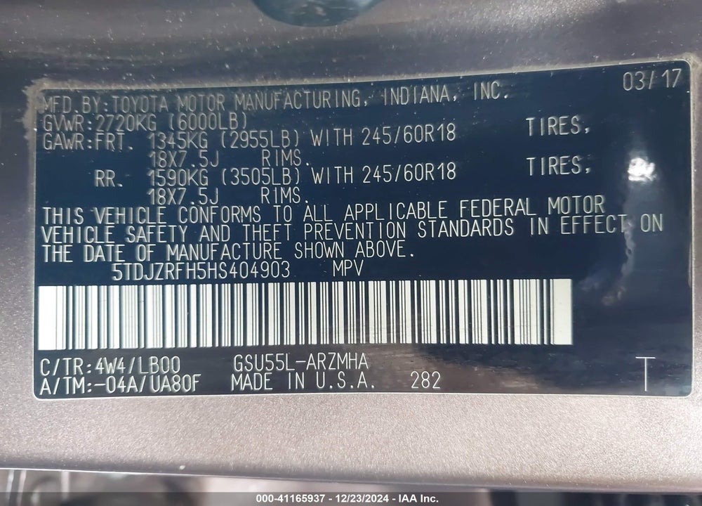 2017 TOYOTA HIGHLANDER XLE VIN: 5TDJZRFH5HS404903