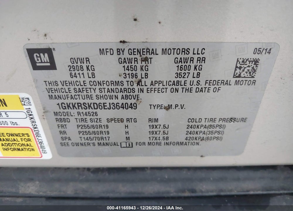 2014 GMC ACADIA SLT-2 VIN: 1GKKRSKD6EJ364049