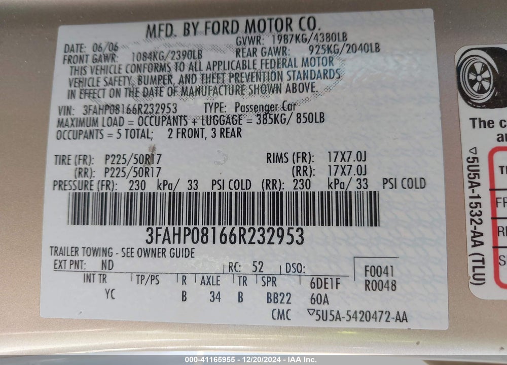 2006 FORD FUSION SEL VIN: 3FAHP08166R232953