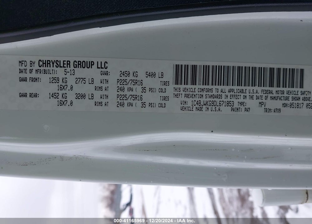 2013 JEEP WRANGLER UNLIMITED SPORT RHD VIN: 1C4BJWKG9DL671853