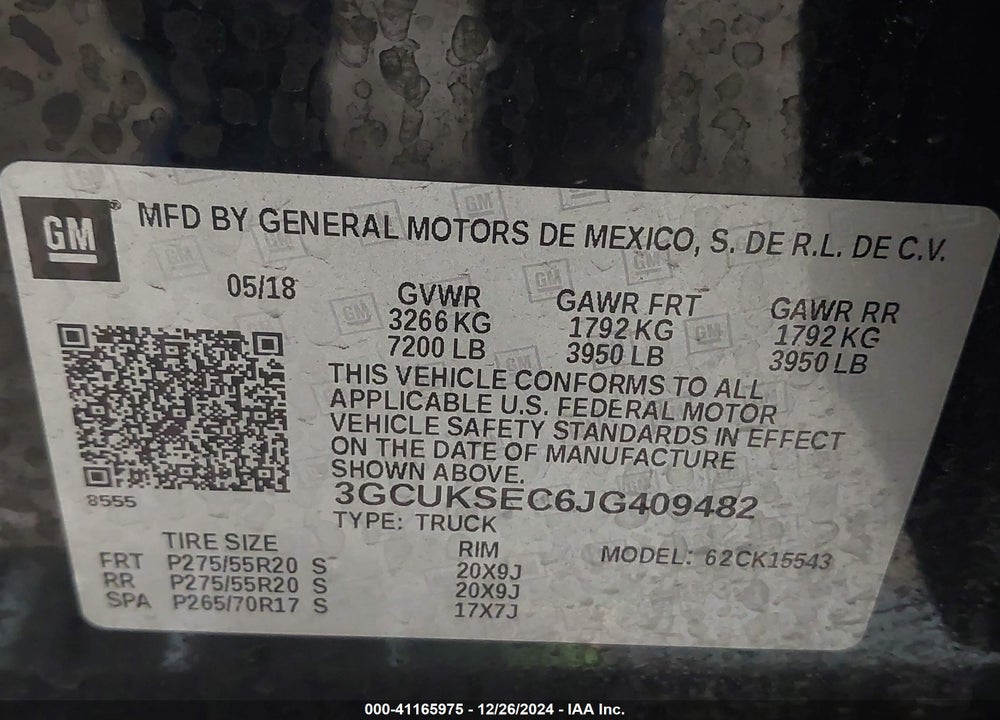 2018 CHEVROLET SILVERADO 1500 VIN: 3GCUKSEC6JG409482