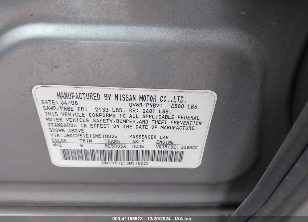 2006 INFINITI G35 VIN: JNKCV51E16M518625