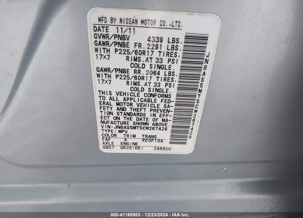 2012 NISSAN ROGUE VIN: JN8AS5MT5CW267429