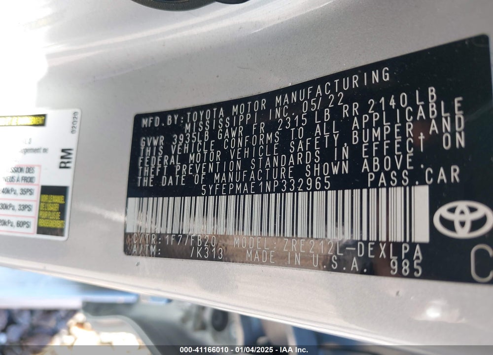 2022 TOYOTA COROLLA LE VIN: 5YFEPMAE1NP332965