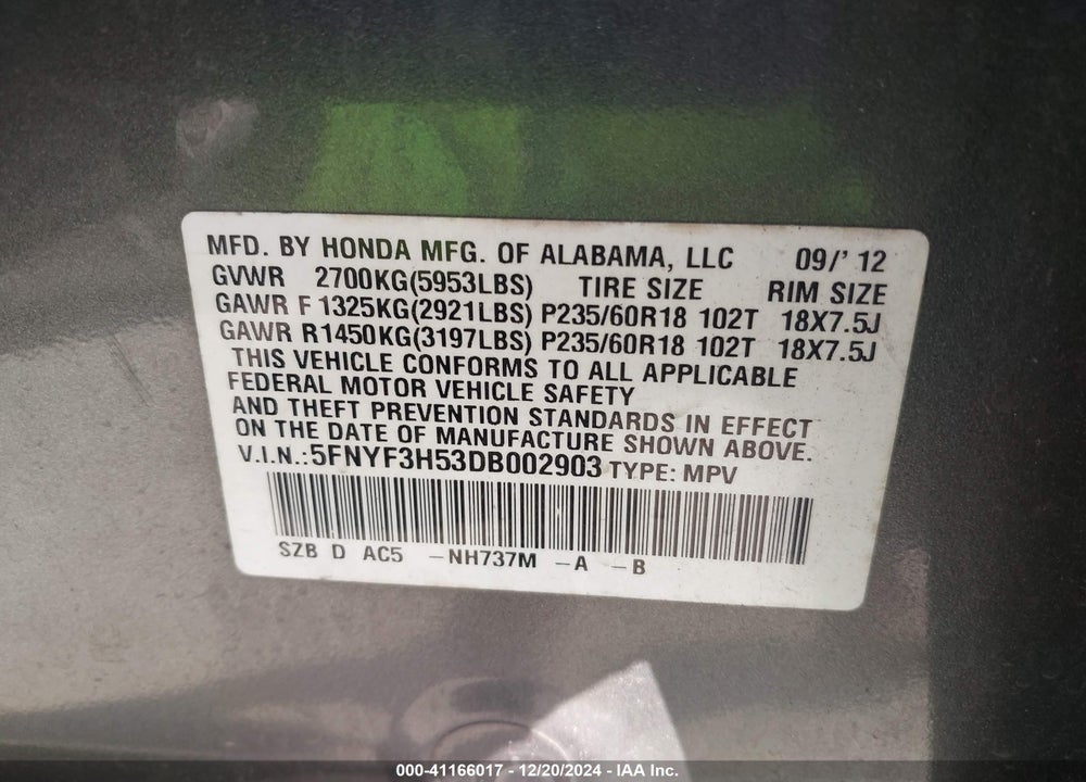 2013 HONDA PILOT EX-L VIN: 5FNYF3H53DB002903