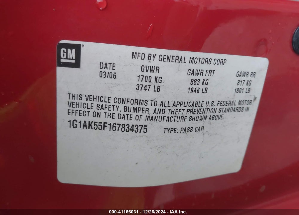 2006 CHEVROLET COBALT LS VIN: 1G1AK55F167834375
