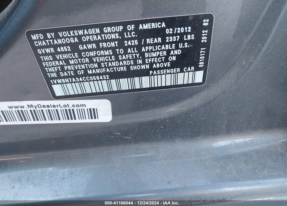 2012 VOLKSWAGEN PASSAT 2.0L TDI SE VIN: 1VWBN7A34CC058432