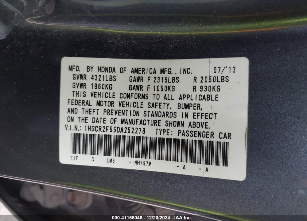 2013 HONDA ACCORD SPORT VIN: 1HGCR2F55DA252278