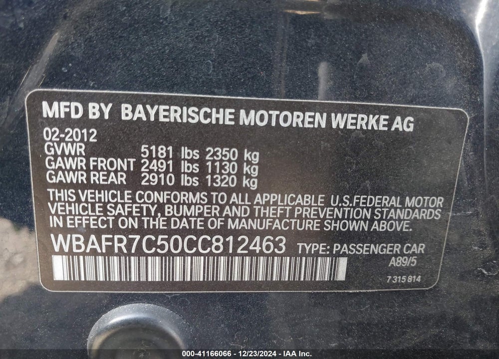 2012 BMW 535I VIN: WBAFR7C50CC812463