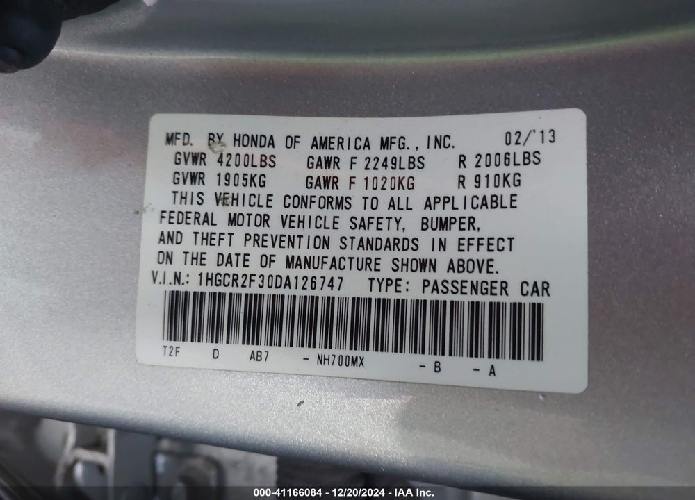 2013 HONDA ACCORD LX VIN: 1HGCR2F30DA126747