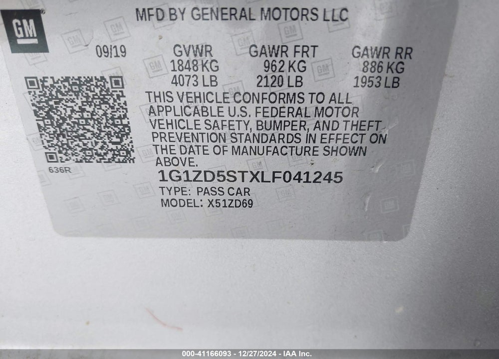 2020 CHEVROLET MALIBU VIN: 1G1ZD5STXLF041245