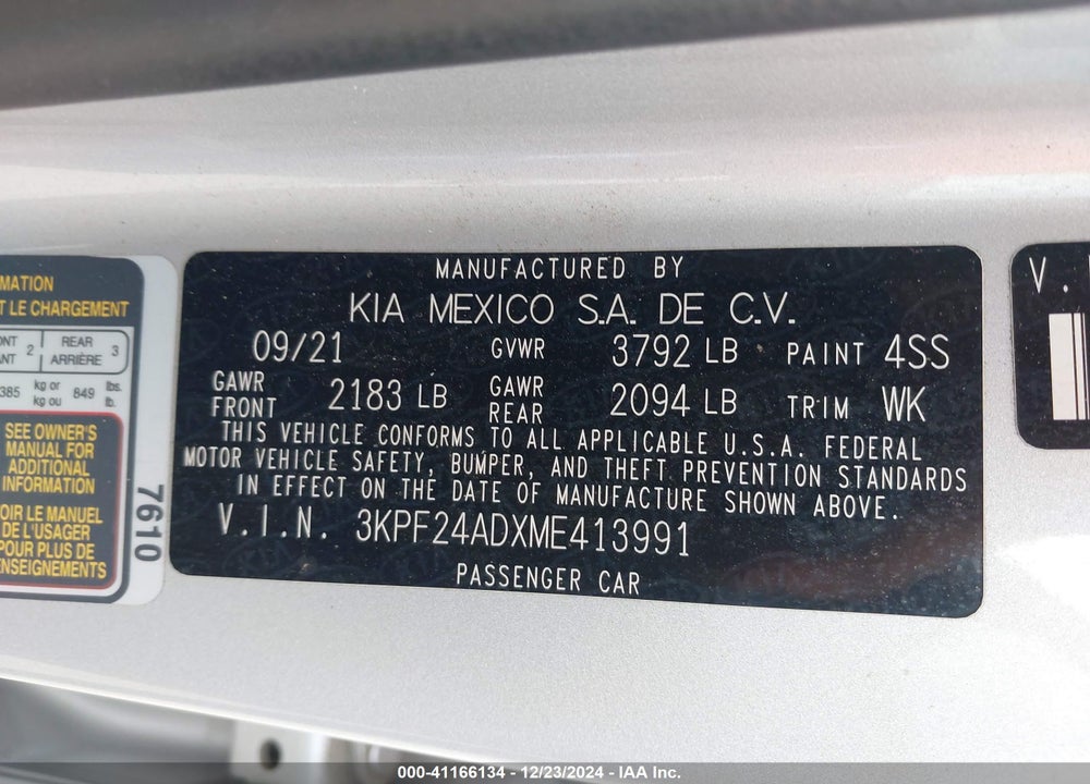 2021 KIA FORTE LXS VIN: 3KPF24ADXME413991