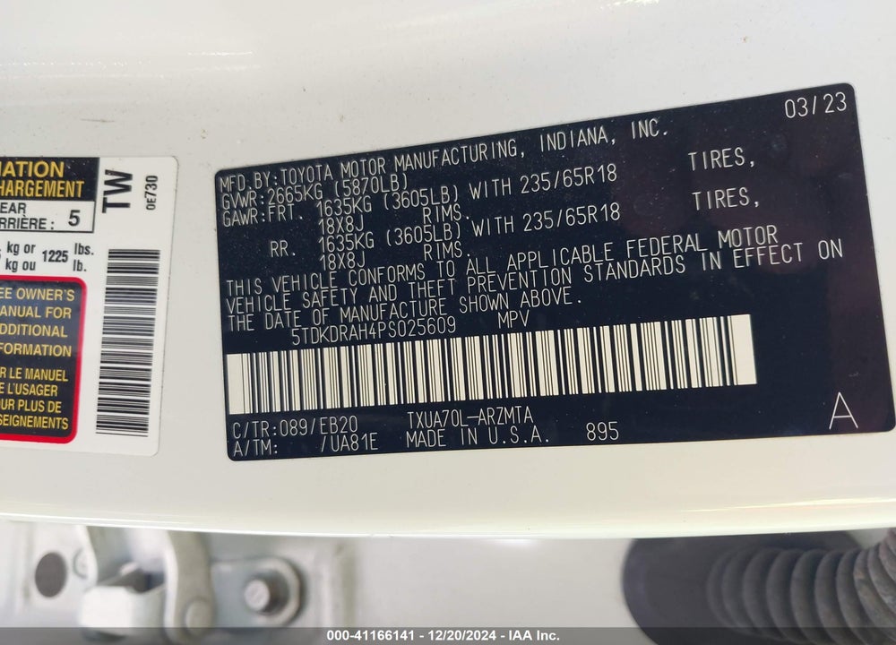 2023 TOYOTA HIGHLANDER XLE VIN: 5TDKDRAH4PS025609