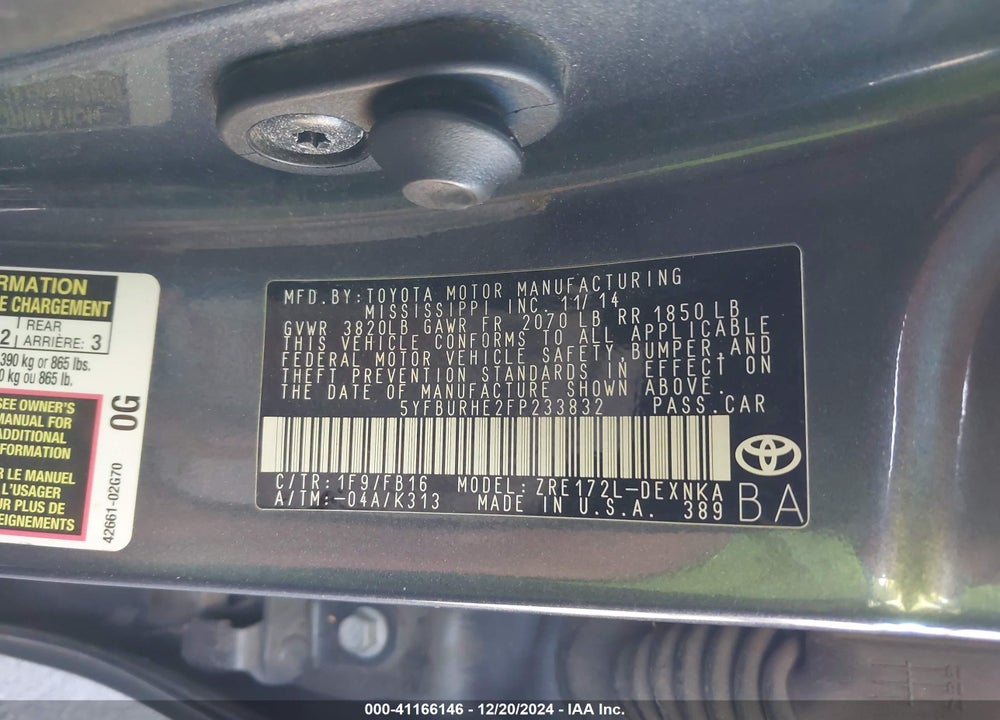 2015 TOYOTA COROLLA LE PLUS VIN: 5YFBURHE2FP233832