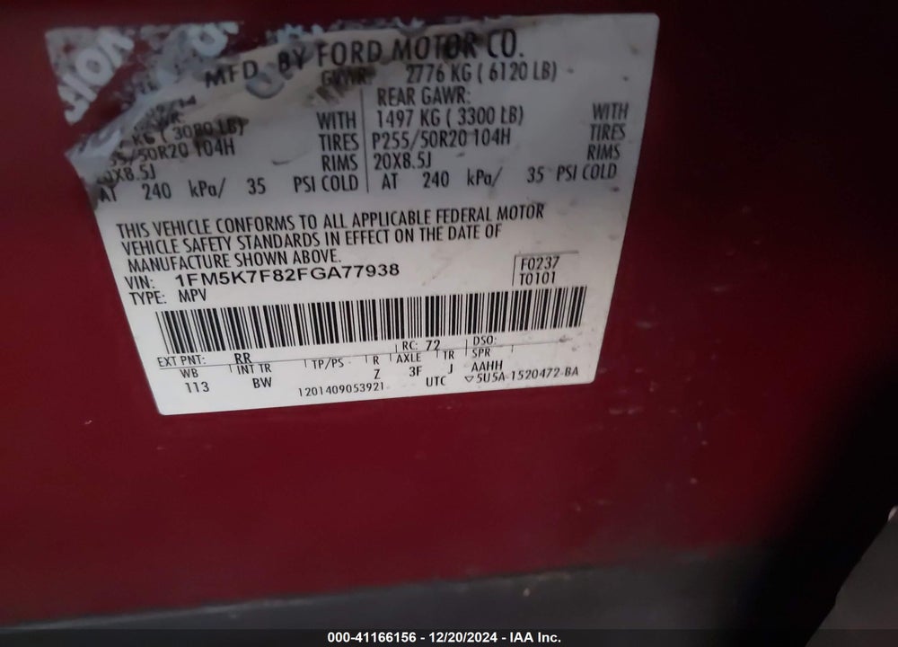 2015 FORD EXPLORER LIMITED VIN: 1FM5K7F82FGA77938
