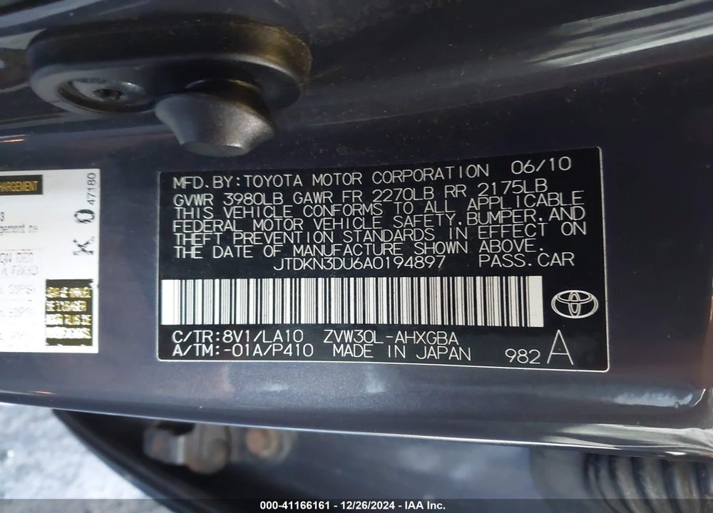 2010 TOYOTA PRIUS V VIN: JTDKN3DU6A0194897