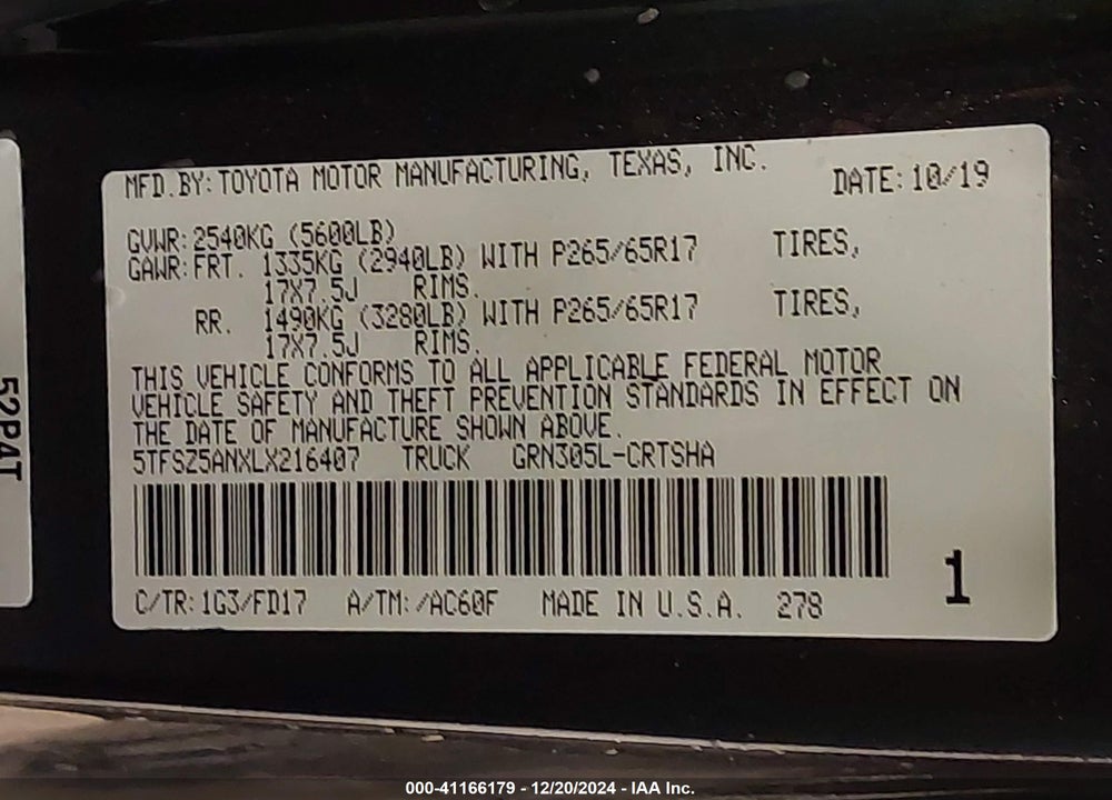 2020 TOYOTA TACOMA VIN: 5TFSZ5ANXLX216407