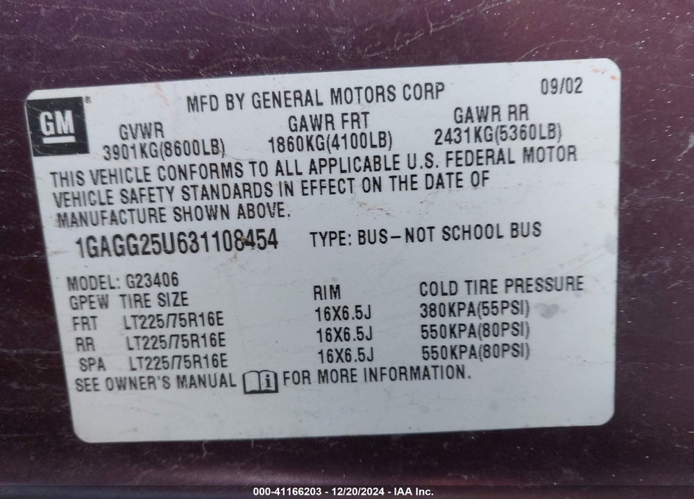 2003 CHEVROLET EXPRESS VIN: 1GAGG25U631108454