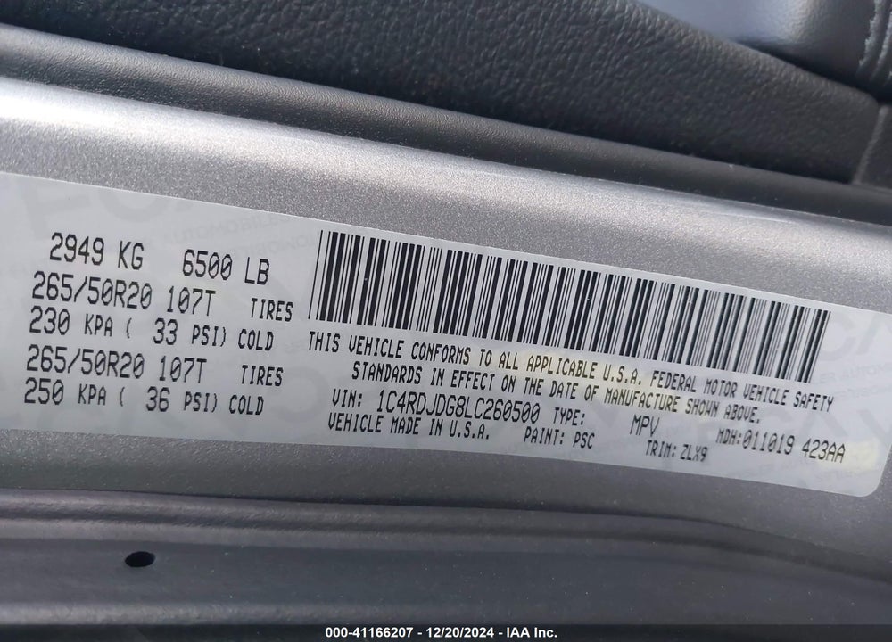 2020 DODGE DURANGO GT PLUS AWD VIN: 1C4RDJDG8LC260500