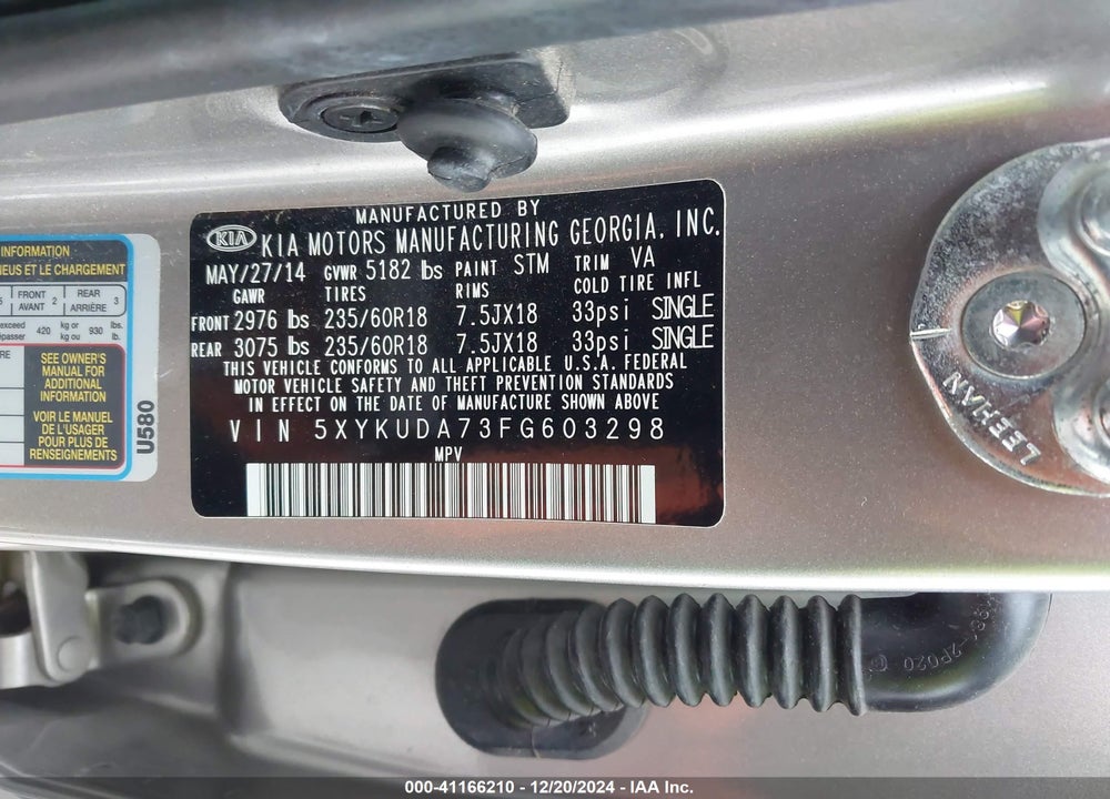 2015 KIA SORENTO EX V6 VIN: 5XYKUDA73FG603298