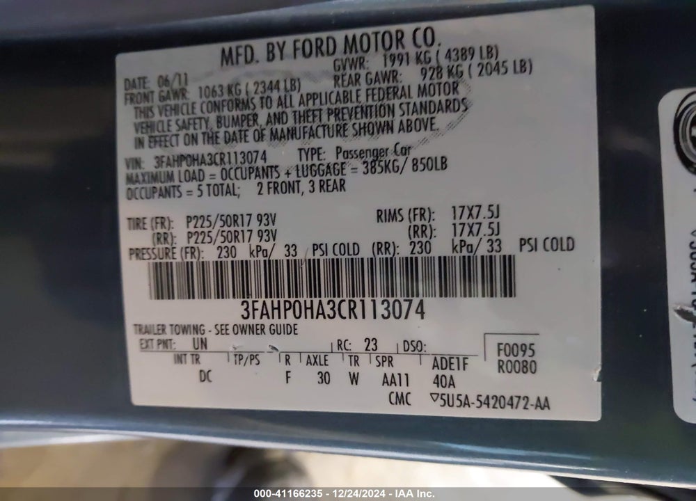 2012 FORD FUSION SE VIN: 3FAHP0HA3CR113074