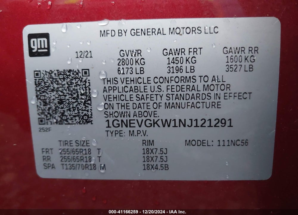 2022 CHEVROLET TRAVERSE AWD LT CLOTH VIN: 1GNEVGKW1NJ121291