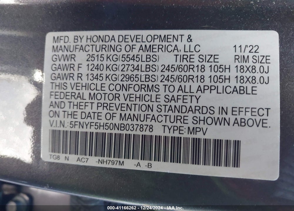 2022 HONDA PILOT 2WD EX-L VIN: 5FNYF5H50NB037878