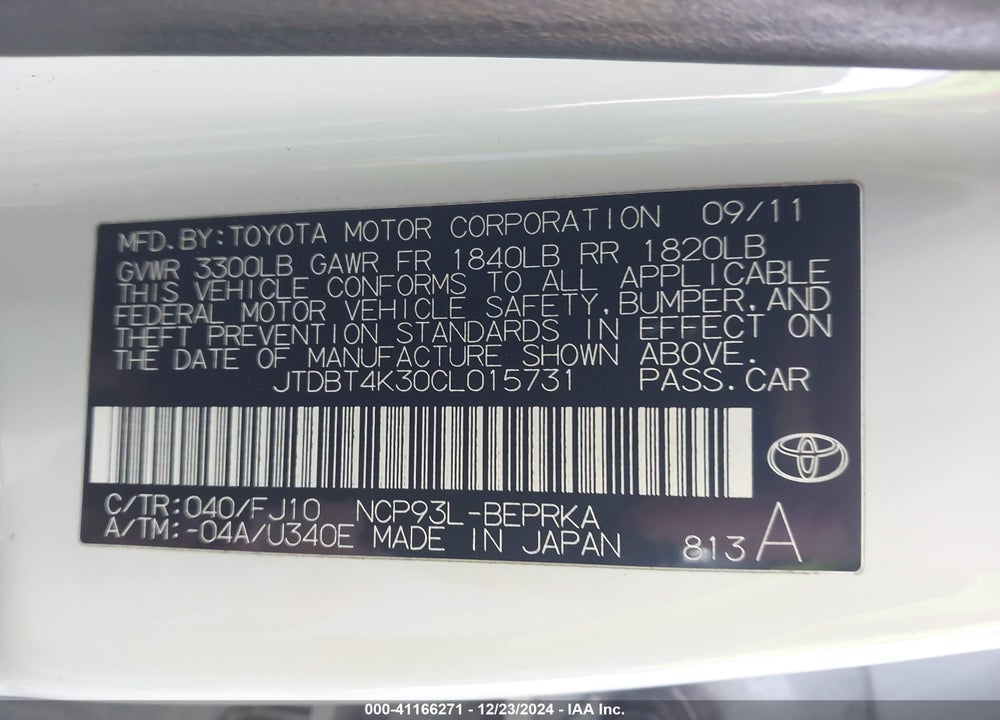 2012 TOYOTA YARIS VIN: JTDBT4K30CL015731