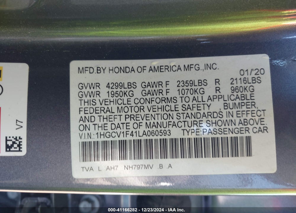 2020 HONDA ACCORD VIN: 1HGCV1F41LA060593