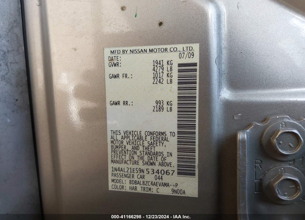 2009 NISSAN ALTIMA 2.5 S VIN: 1N4AL21E59N534067