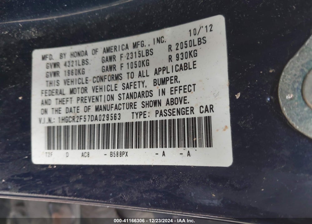 2013 HONDA ACCORD SPORT VIN: 1HGCR2F57DA029563